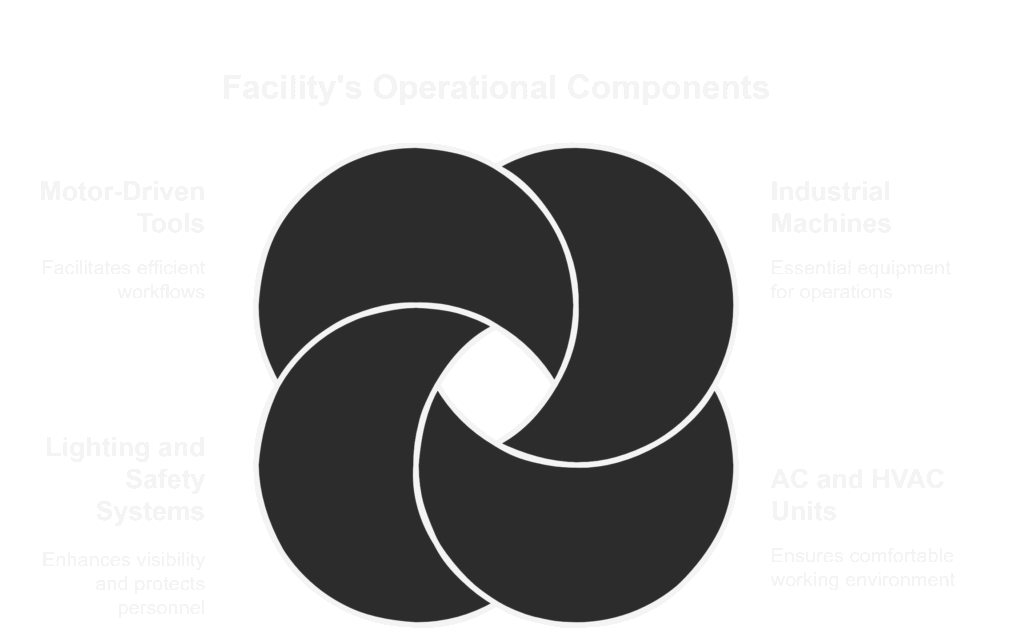 Venn diagram showing core operational components of a factory powered by rental generators
