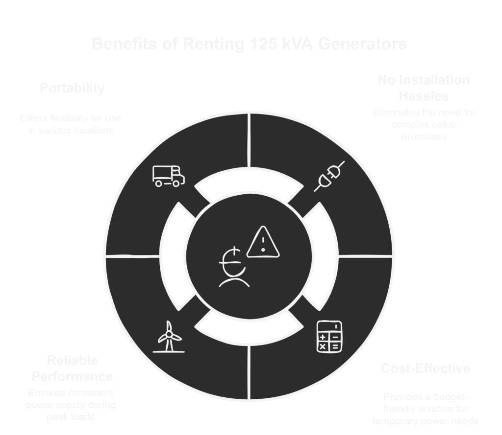 Benefits of renting 125 kVA generators including portability, reliability, cost-effectiveness, and hassle-free setup
